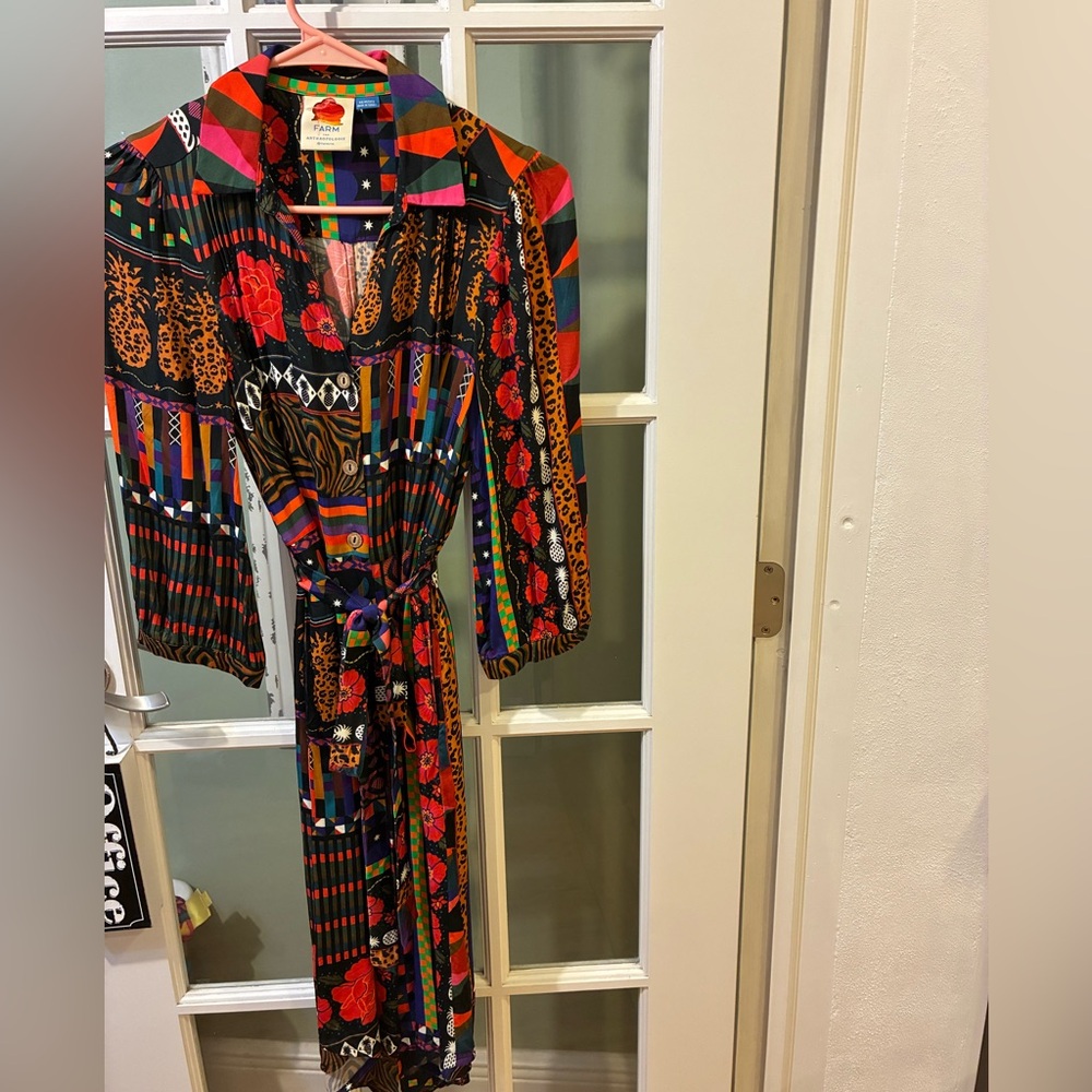 Farm Rio for Anthropologie Patchwork Floral Leopard Belted Midi Shirt Dress XS P